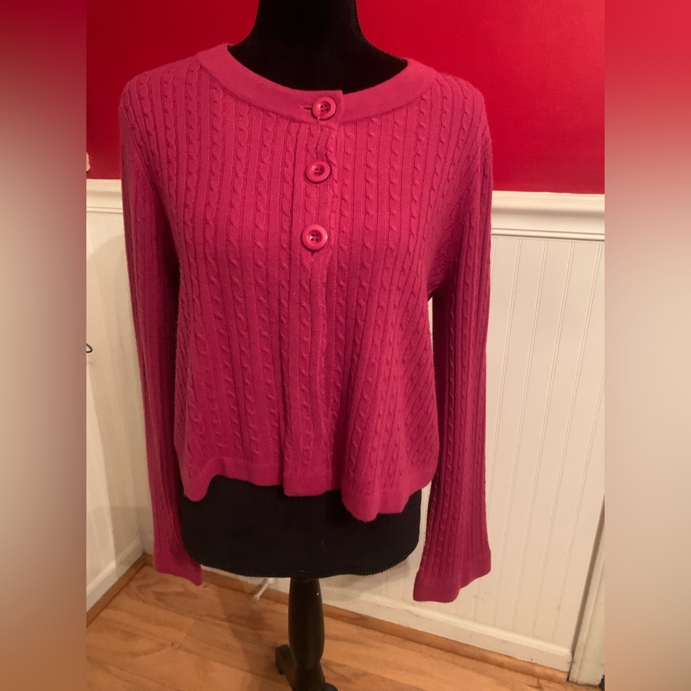 Luxe 360 Petite L pink cable knit crop sweater cardigan with bell sleeves